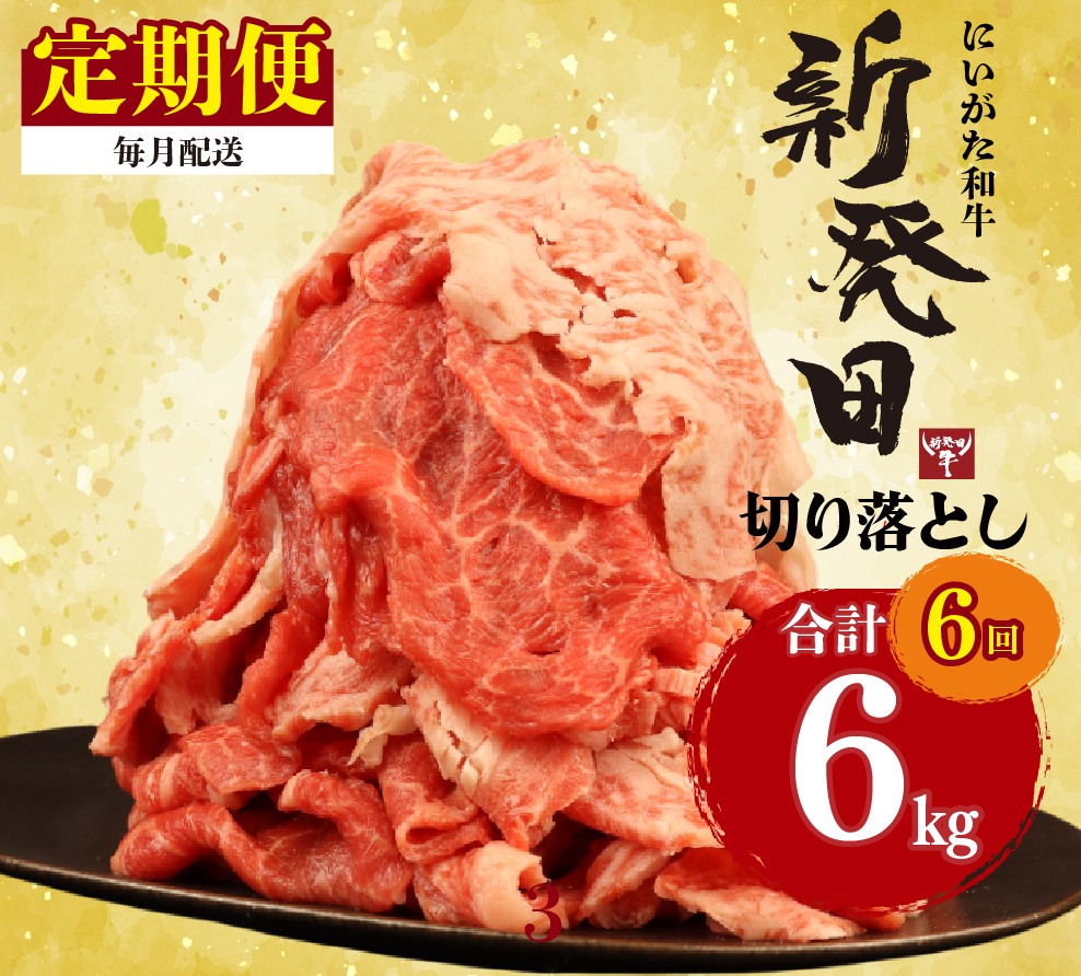 【定期便】 切り落とし 1kg×6回 計6kg 新発田牛 黒毛和牛 霜降り 和牛 ブランド牛 国産 しゃぶしゃぶ 小間切れ 小分け 贈答 お歳暮 新潟 新発田 新潟県 新発田市 近江牛 神戸牛 松阪牛 米沢牛