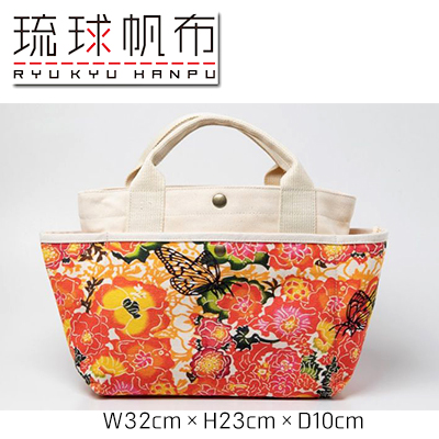 「琉球帆布」お散歩バッグ (RYUKAバタフライ) - 帆布 布 トート トートバッグ 琉球紅型 人気 紅型作家 RYUKA 新垣優香 おしゃれ レディース ファッション お出かけ かばん 鞄 手仕事 手づくり
