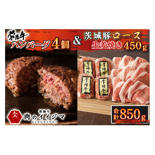 肉 常陸牛 無添加 ハンバーグ100g 4個 茨城 豚ロース 生姜焼き 450g セット 木箱入り 焼くだけでレストランの味 敬老の日 ギフト 牛肉100% 豚肉 茨城 水戸 15000円 【肉のイイジマ】(DU-74)茨城県