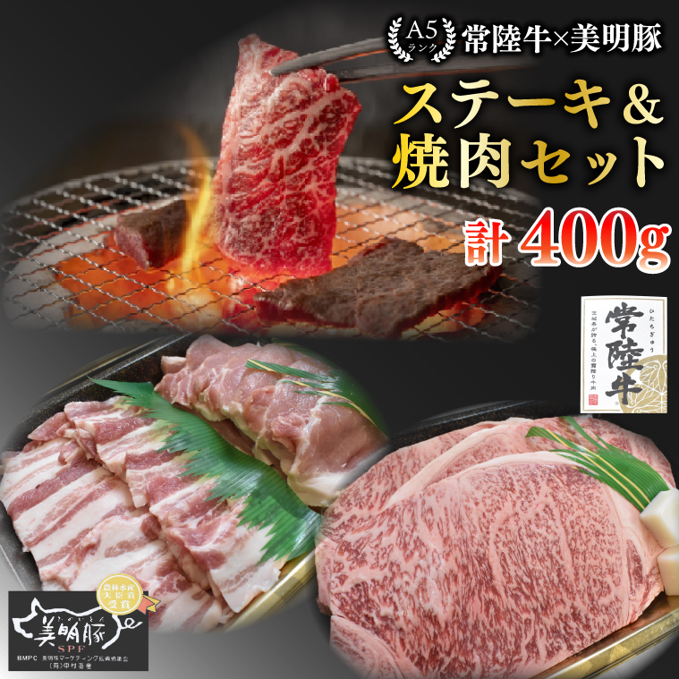 【常陸牛 A5ランク・美明豚ステーキ焼肉セット】常陸牛サーロイン200g+美明豚200g(ロース100g・ばら100g) 冷凍 国産牛 和牛 牛肉 豚肉 ブランド豚 茨城県 水戸市 食べ比べ セット商品