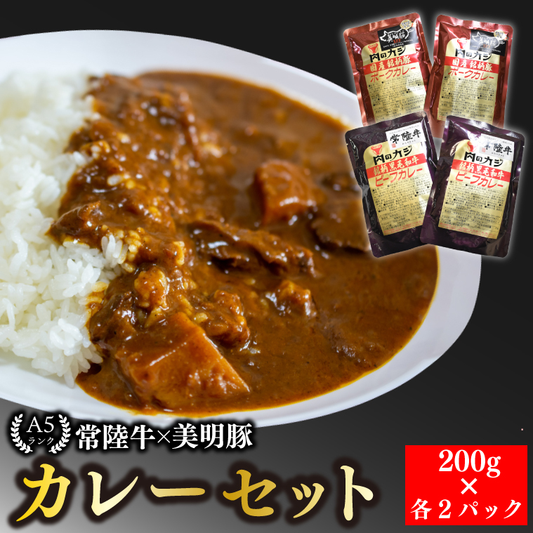 【常陸牛 A5ランク】カレー2パック+【美明豚】カレー2パック 国産牛 和牛 牛肉 豚肉 ブランド豚 茨城県 水戸市 レトルト 食品 食べ比べ セット商品 国産 10000円以内老舗精肉店 EK-37茨城