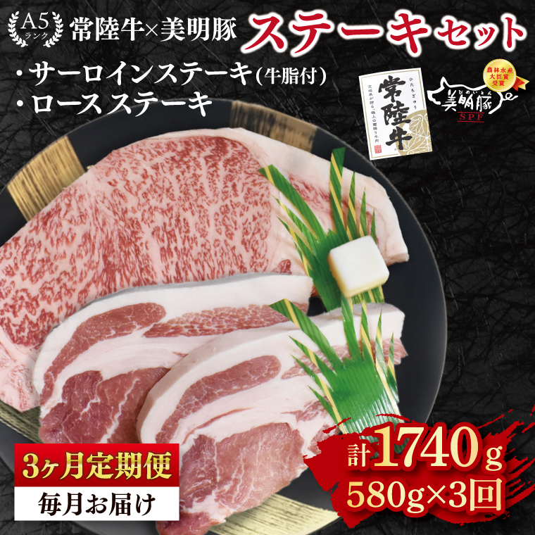 【3ヶ月定期便】【常陸牛 A5ランク・美明豚ステーキセット】常陸牛サーロインステーキ300g+美明豚ロースステーキ280g(140g×2枚) 冷凍 国産牛 和牛 牛肉 豚肉 ブランド豚 茨城県 水戸市