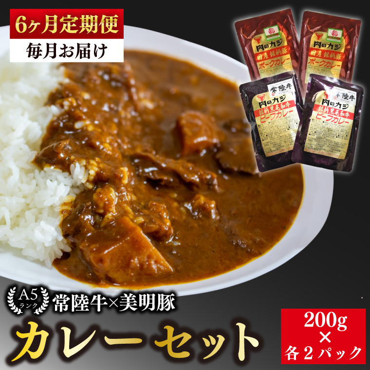 【6ヶ月定期便】【常陸牛 A5ランク】カレー2パック+【美明豚】カレー2パック【国産牛 和牛 牛肉 豚肉 ブランド豚 茨城県 水戸市 レトルト 食品 食べ比べ セット商品 国産】(EK-37_2)茨