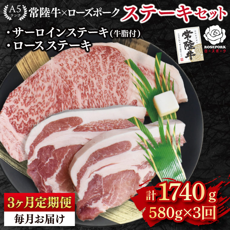 【3ヶ月定期便】【常陸牛 A5ランク・ローズポークステーキセット】常陸牛サーロインステーキ300g+ローズポークロースステーキ280g(140g×2枚) 冷凍 国産牛 和牛 牛肉 豚肉 ブランド豚 茨