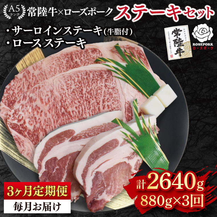 【3ヶ月定期便】【常陸牛 A5ランク・ローズポークステーキセット】常陸牛サーロインステーキ600g(300g×2枚)+ローズポークロースステーキ280g(140g×2枚) 冷凍 国産牛 和牛 牛肉 豚肉