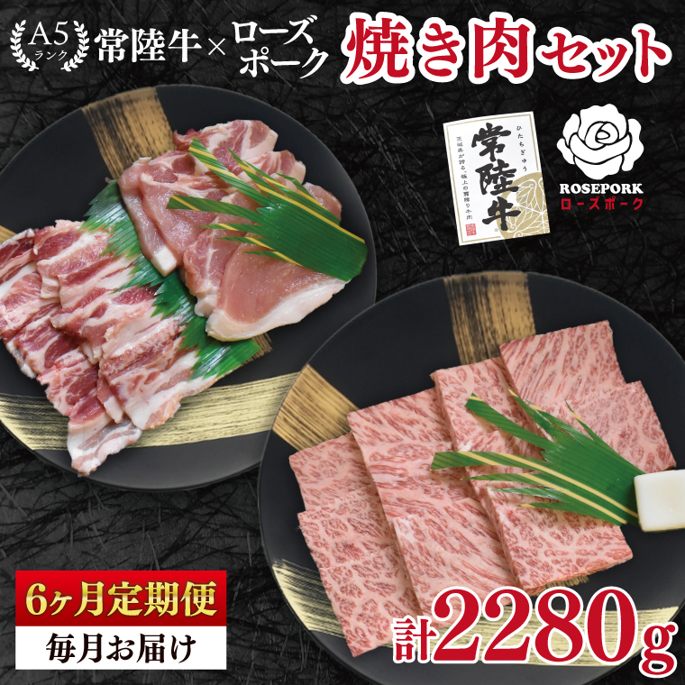 【6ヶ月定期便】【常陸牛 A5ランク・ローズポーク焼肉セット】常陸牛カルビ180g+ローズポーク200g(ロース100g・ばら100g) 冷凍 国産牛 和牛 牛肉 豚肉 ブランド豚 茨城県 水戸市 食べ