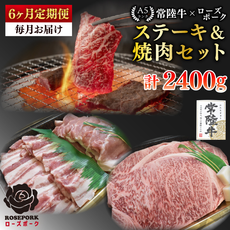 【6ヶ月定期便】【常陸牛A5ランク・ローズポークステーキ焼肉セット】常陸牛サーロイン200g+ローズポーク200g(ロース100g・ばら100g)【 冷凍 国産 和牛 豚肉 ブランド豚 茨城県 水戸