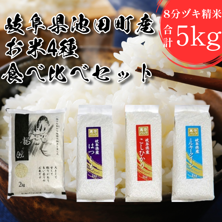 米 5kg 龍の瞳 ハツシモ コシヒカリ ミルキークイーン 4点セット 日本人が最も好む希少米 大粒 栄養価の高い 8分づき セット 池田町産 分つき精米 お米 おこめ こめ コメ ごはん ご飯 有機肥