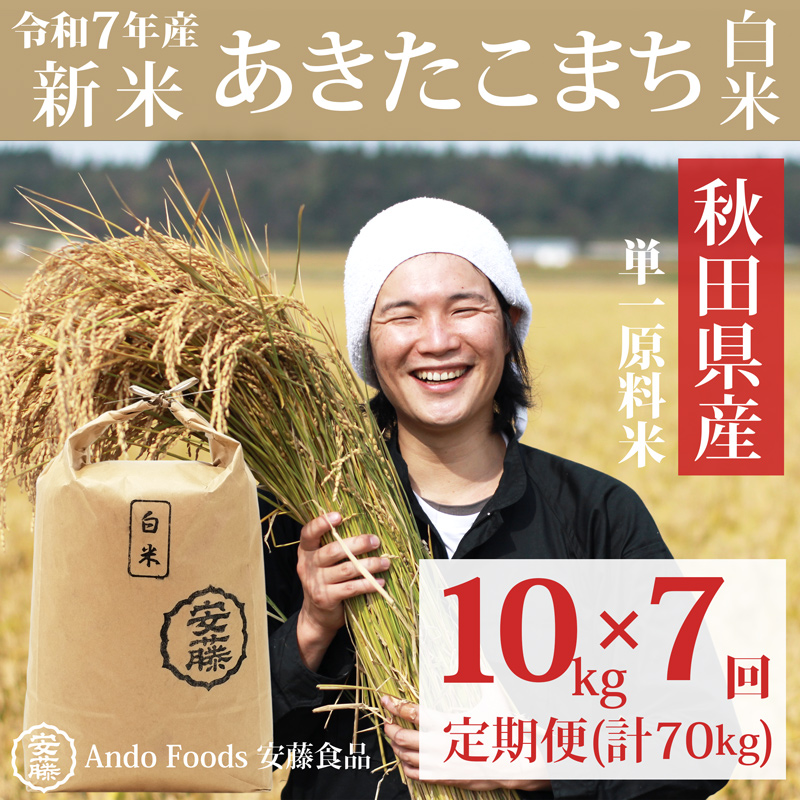 《令和7年産 新米先行受付》《定期便7ヶ月》秋田県産 あきたこまち 10kg(10kg×1袋)×7回【白米】計70kg令和7年産秋田県三種町210000米・パン白米
