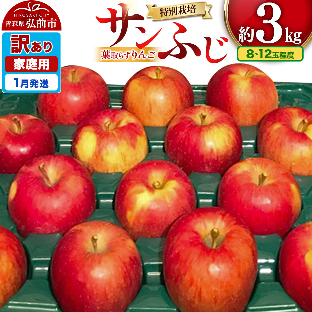 【26年1月発送】りんご 訳あり家庭用【年明け発送】葉取らず サンふじ 約3kg(8〜12玉程度)青森県特別栽培農産物認証農園青森県弘前市13000果物・フルーツりんご・梨