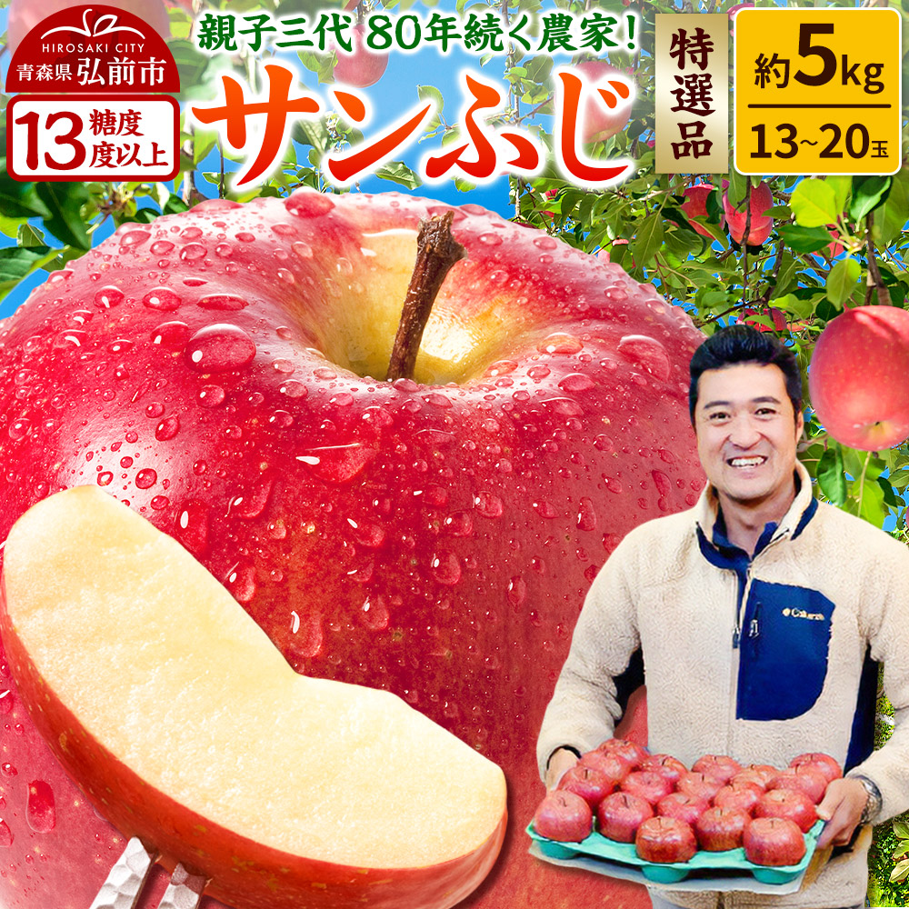 【26年1月発送】りんご 【糖度13度以上】サンふじ【特選品】約5kg 13〜20玉程度 津軽農園青森県弘前市32000果物・フルーツりんご・梨