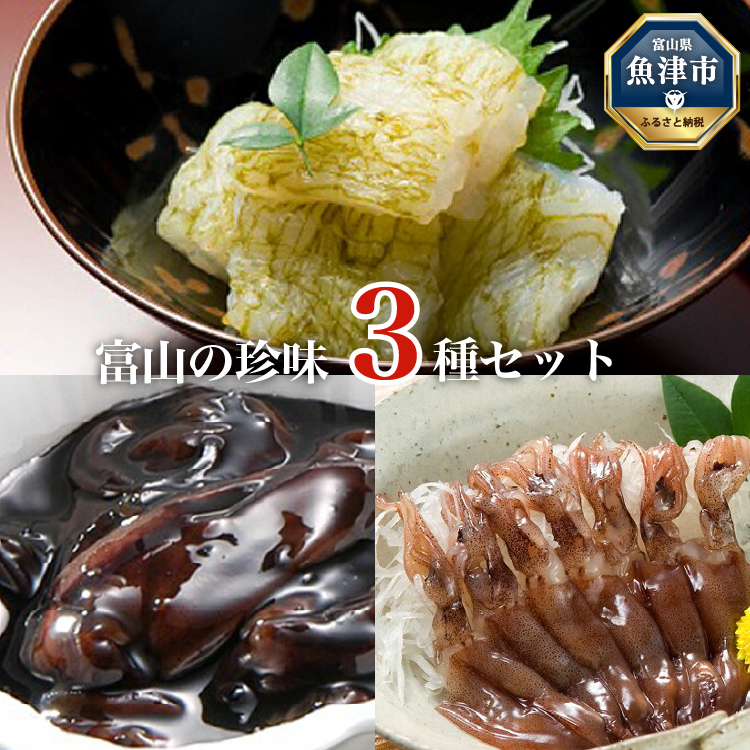 富山の珍味三種セット (DGFU30)  【昆布締め こんぶじめ 刺身 さしみ 詰め合わせ 富山  おつまみ ほたるいか 白えび  ほたるいか黒作り 】富山県魚津市13000魚介・海産物その他 魚介・海産物