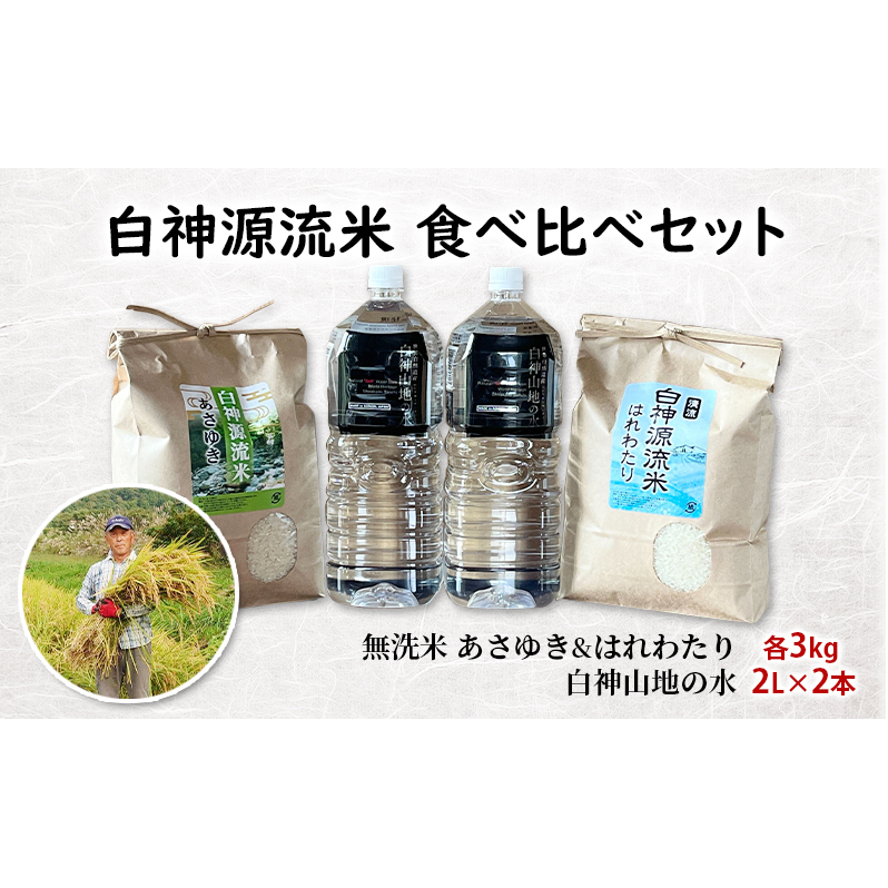 白神源流米 食べ比べセット あさゆき はれわたり 無洗米 各3kg & 白神山地の水 2L × 2本 セット青森県鰺ヶ沢町17000米・パン白米