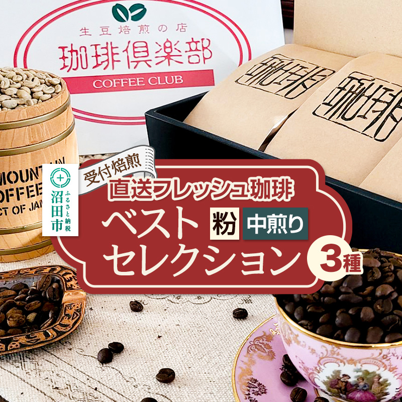 《受付焙煎》直送フレッシュ珈琲 ベストセレクション【粉/中煎り】各200g×3種 計600g 珈琲倶楽部 沼田店群馬県沼田市33000お茶・飲料