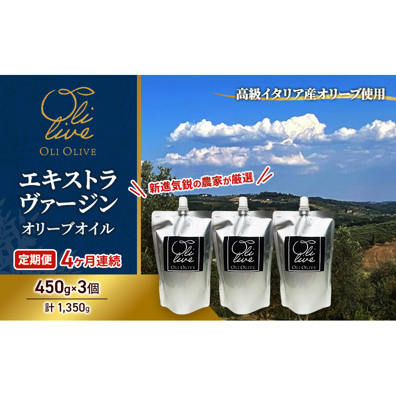 【受賞農家が選出】 高級イタリア産 エキストラ・ヴァージン・オリーブオイル 450g×3個【定期便4ヶ月連続】 調味料 油 オリーブ油 食用油 静岡県 袋井市静岡県袋井市84000調味料・油食用油