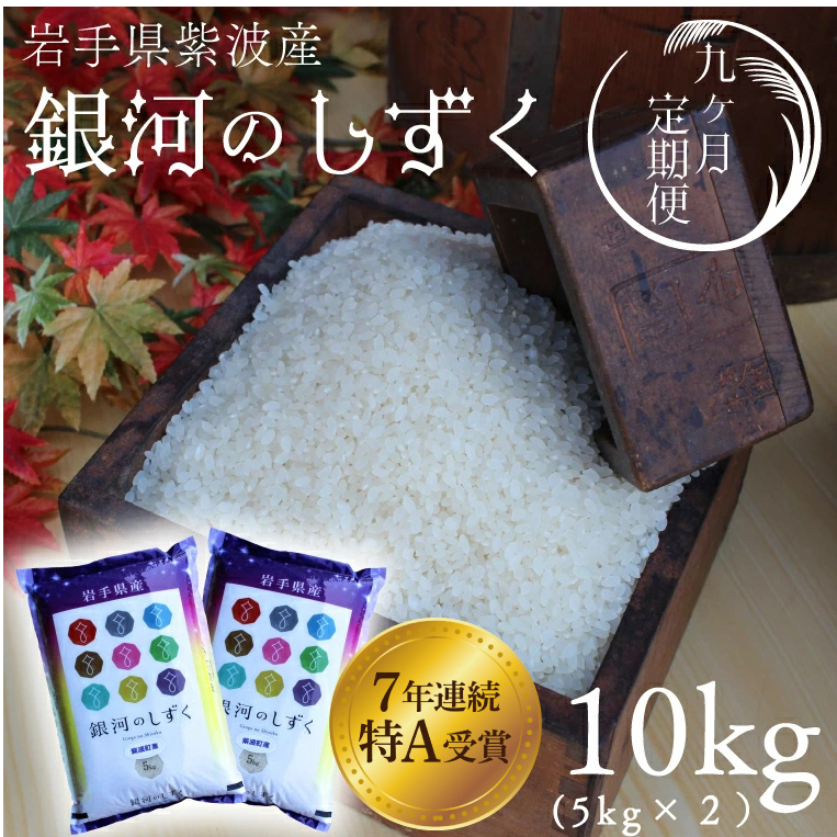 ★令和7年産★【9回定期便】特A受賞 銀河のしずく10kg(5kg×2袋)岩手県紫波町産 (AD043)岩手県紫波町270000米・パン白米