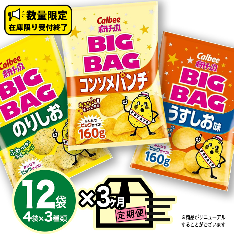 【 カルビー 3ヶ月 定期便 】 ポテトチップス BIGBAG 3種 各4袋 セット うすしお のりしお コンソメパンチポテチ お菓子 おかし 大量 スナック おつまみ ジャガイモ じゃがいも まとめ買い 数量