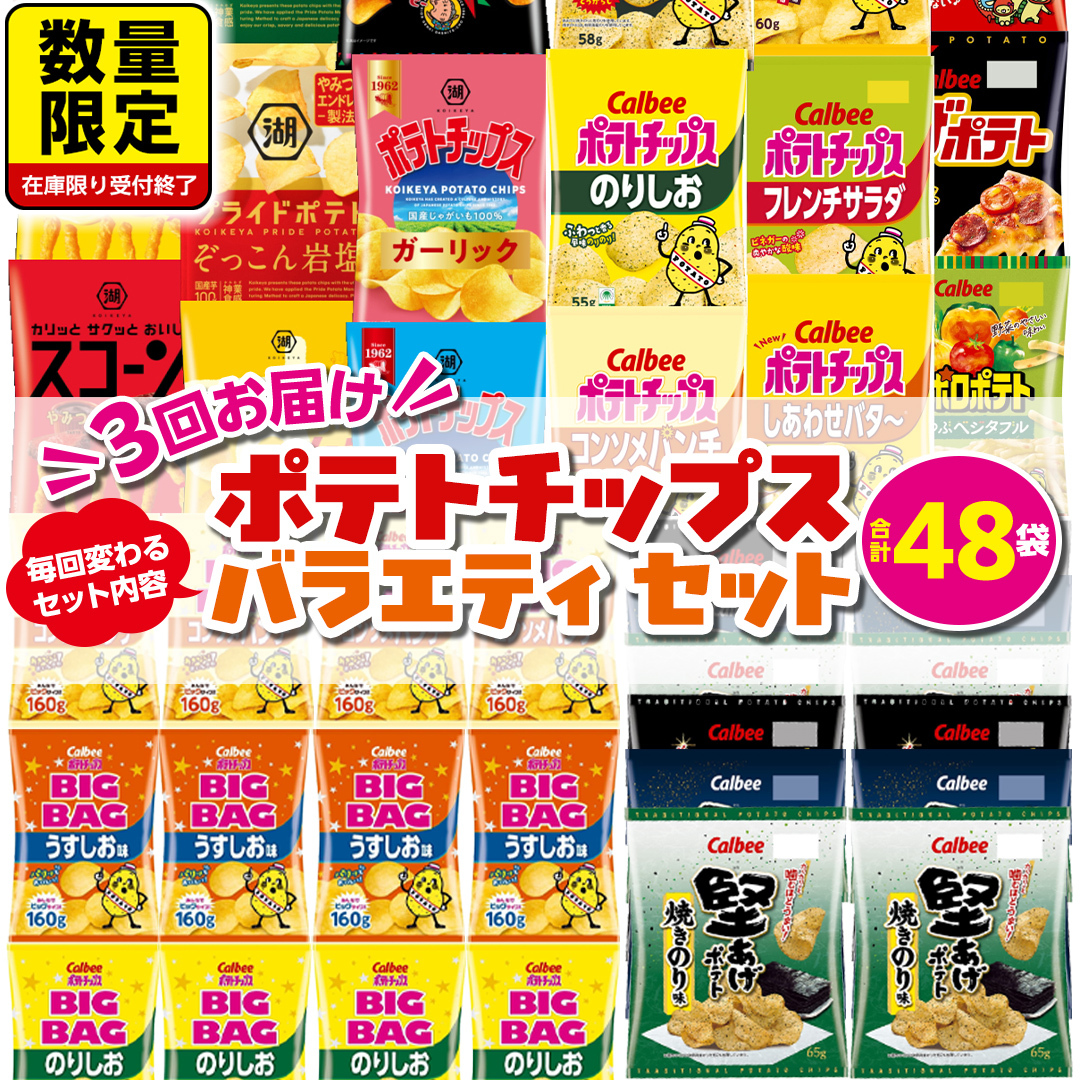 【 スナック菓子 3ヶ月 定期便 】 カルビー 湖池屋 人気 48袋 詰め合わせ バラエティ セット スナック ポテトチップス ポテチ ポテトチップ 菓子 お菓子 おかし おやつ おつまみ 大量 BIGBAG 堅