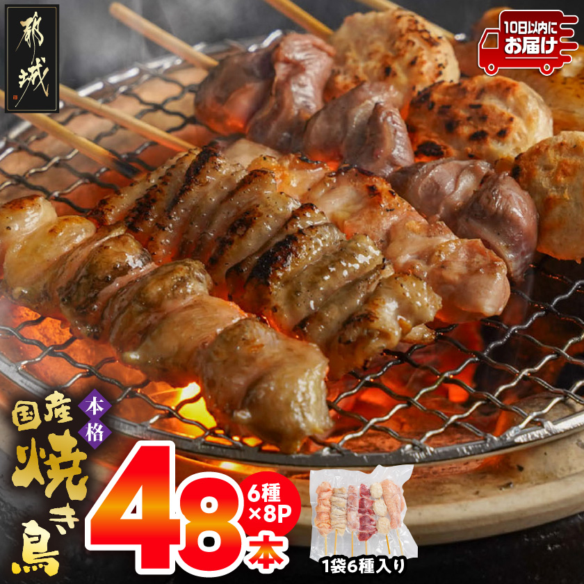 職人串打ちの本格焼き鳥48本!!≪みやこんじょ特急便≫_12-3307-Q_(都城市) 焼鳥串 生冷凍串 冷凍生肉 もも 皮 手羽 小肉 砂肝 ぼんじり ねぎま ハラミ せせり つくね ふりそで 6本入り 8P 計1.6kg BB