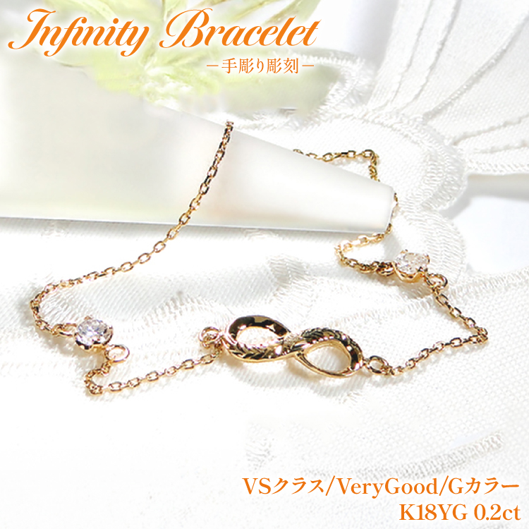 ハワイアンジュエリー ブレスレット K18YG イエローゴールド ダイヤモンド 0.2ct 無限大 ∞ インフィニティ 18金 手彫り彫刻 チェーンブレスレット アクセサリー アクセ ジュエリー 【f184-k18yg