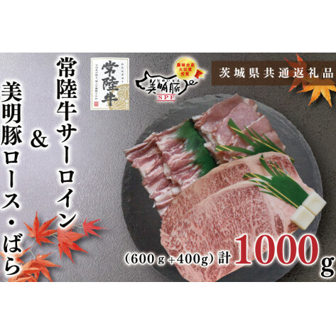 【茨城県共通返礼品】【常陸牛A5ランク・美明豚ステーキ焼肉セット】常陸牛サーロイン600g(300g×2枚)+美明豚400g(ロース200g・ばら200g)(KCK-35)茨城県鹿嶋市35000肉牛肉