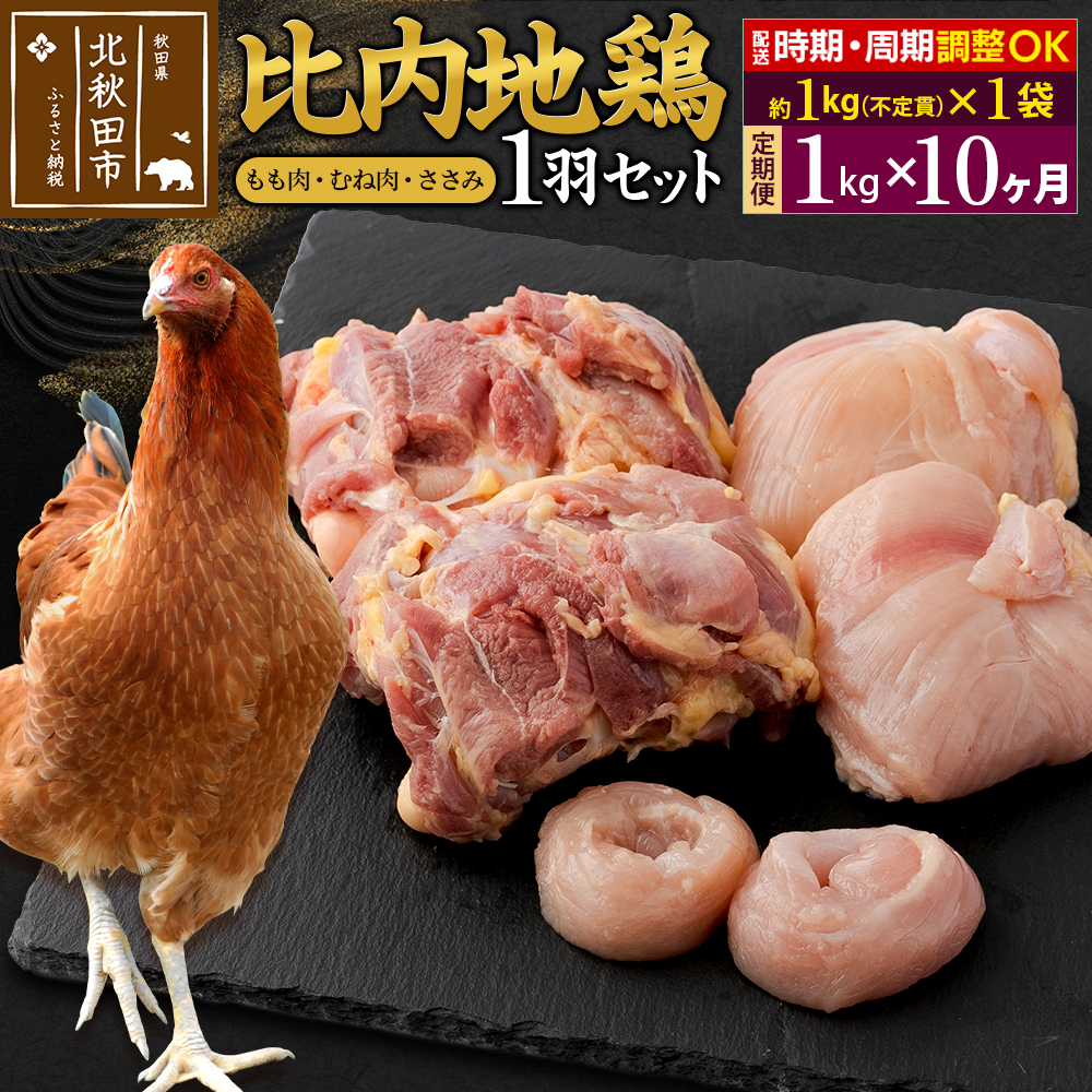 《定期便10ヶ月》 比内地鶏 1羽セット(もも肉・むね肉・ささみ)約1kg(約1kg(不定貫)×1袋)×10回 計10kg 時期選べる お届け周期調整可能 10か月 10ヵ月 10カ月 10ケ月 10キロ 国産 冷凍 正肉