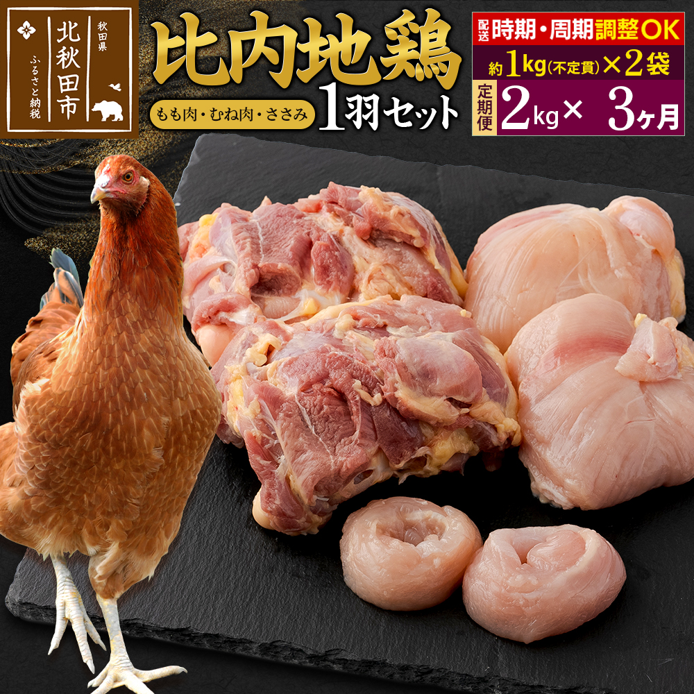 《定期便3ヶ月》 比内地鶏 1羽セット(もも肉・むね肉・ささみ)約2kg(約1kg(不定貫)×2袋)×3回 計6kg 時期選べる お届け周期調整可能 3か月 3ヵ月 3カ月 3ケ月 6キロ 国産 冷凍 正肉 鶏肉