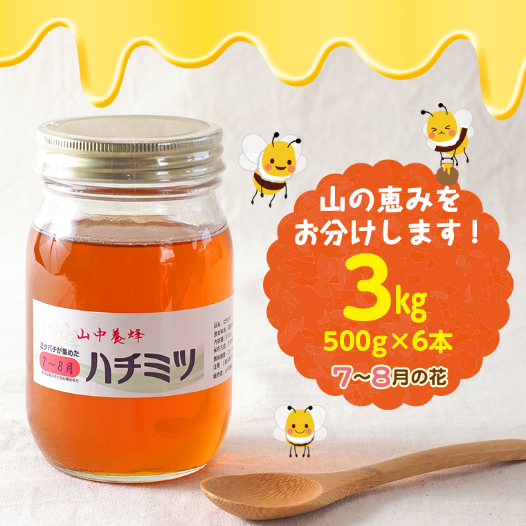 Q-14z 【自然のまま】富津産ハチミツ(7〜8月の花)500g×6本 計3kg千葉県富津市36000鍋セット・総菜・加工食品ジャム・はちみつ