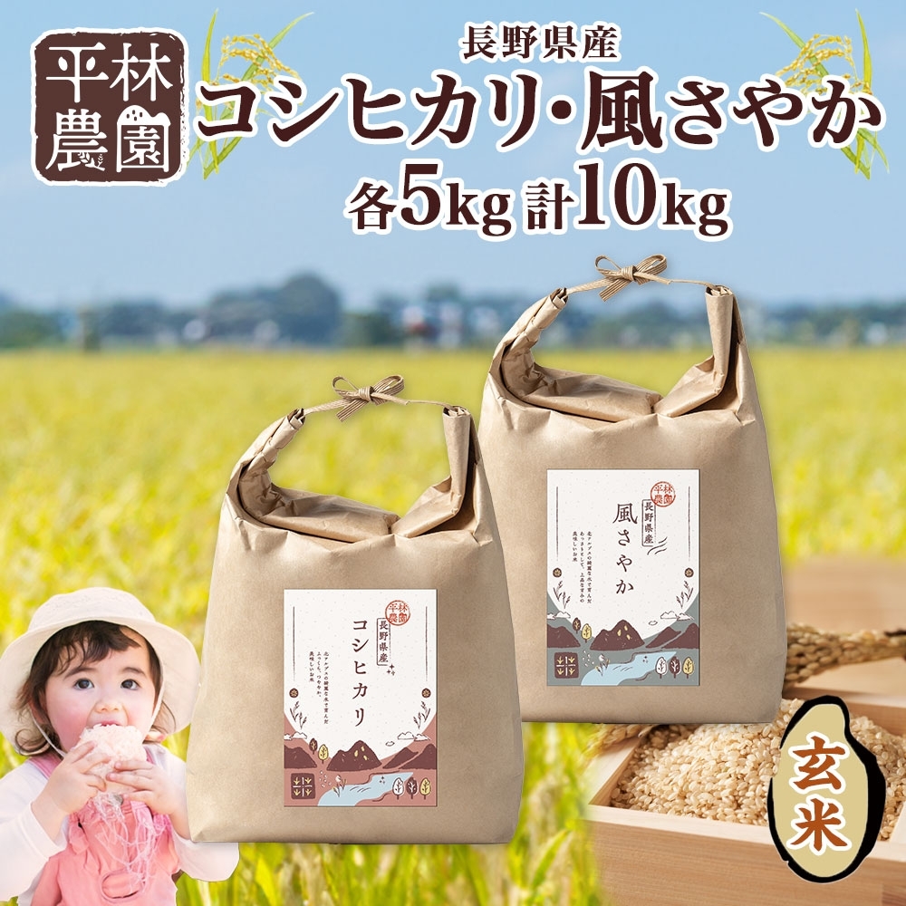令和6年産 コシヒカリ 風さやか 玄米 各5kg 長野県産 米 お米 ごはん ライス 低GI 甘み 農家直送 産直 信州 人気 ギフト お取り寄せ 平林農園  長野県 大町市長野県大町市26000米・パン玄米・雑