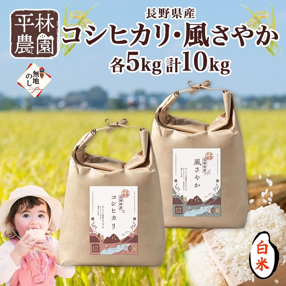 無地熨斗 令和6年産 コシヒカリ 風さやか 白米 各5kg 長野県産 米 精米 お米 ごはん ライス 甘み 産直 信州 人気 ギフト 平林農園 熨斗 のし 名入れ不可  長野県 大町市長野県大町市26000米・パ