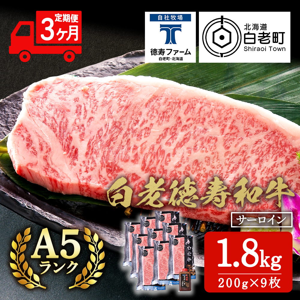 【定期便3カ月】 白老牛 サーロイン ステーキ 200g×9枚 (1.8kg) 特製ソース付き 和牛 牛肉 ギフト 北海道 <徳寿>北海道白老町451500肉牛肉
