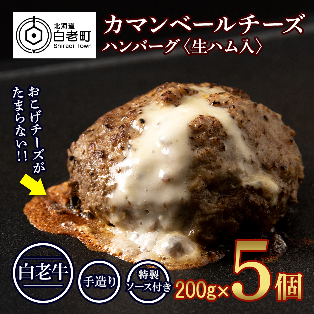 北海道産 白老牛 カマンベールチーズハンバーグ 5個セット 冷凍 チーズ イン ハンバーグ北海道白老町17000肉加工肉(ハム・ソーセージ等)