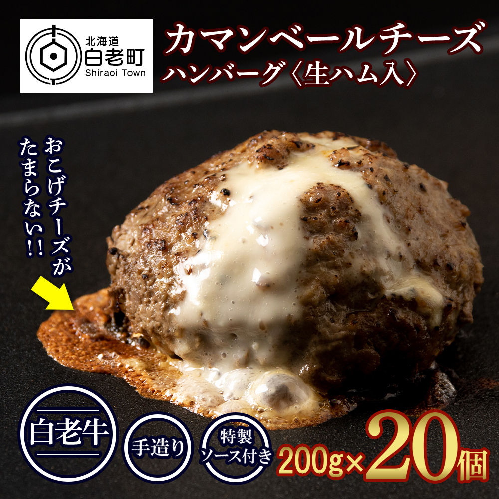 北海道産 白老牛 カマンベールチーズハンバーグ 20個セット 冷凍 チーズ イン ハンバーグ北海道白老町67000肉加工肉(ハム・ソーセージ等)