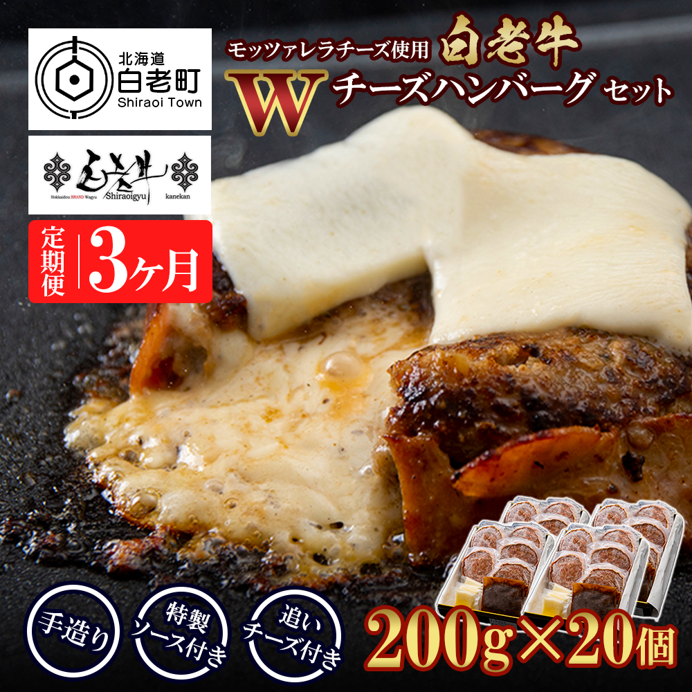 定期便3カ月 お楽しみ 白老牛 Wチーズ ハンバーグ セット 20個 モッツァレラ 特製ソース ベーコン 手造り北海道白老町200000肉牛肉