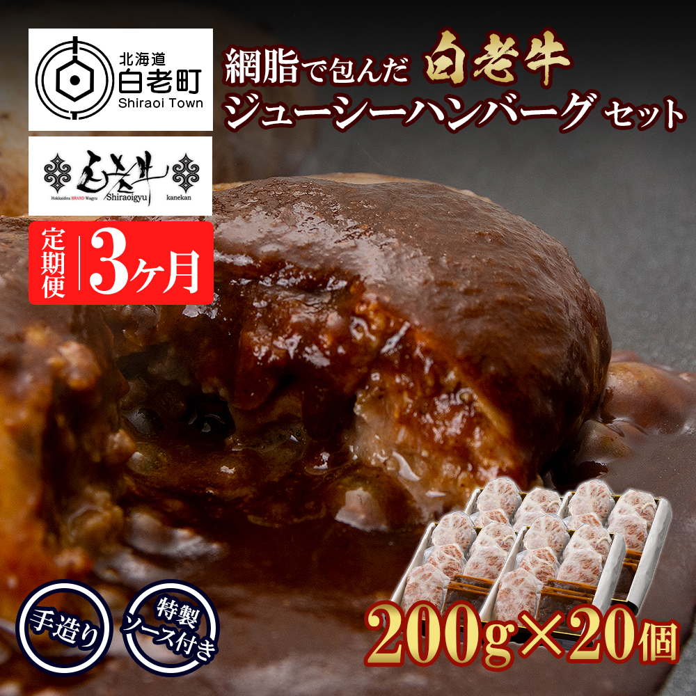 定期便3カ月 お楽しみ 白老牛 ジューシー ハンバーグ セット 20個 網脂 特製ソース 手造り 手ごね北海道白老町211500肉牛肉