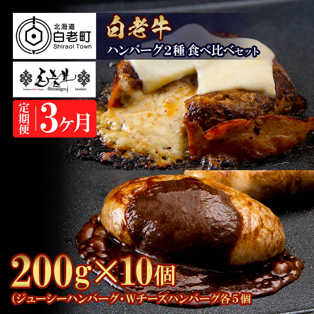 定期便3カ月 お楽しみ 白老牛 2種 食べ比べ ハンバーグ セット 合計10個 モッツァレラ ベーコン 網脂 特製ソース 手造り北海道白老町103000肉牛肉