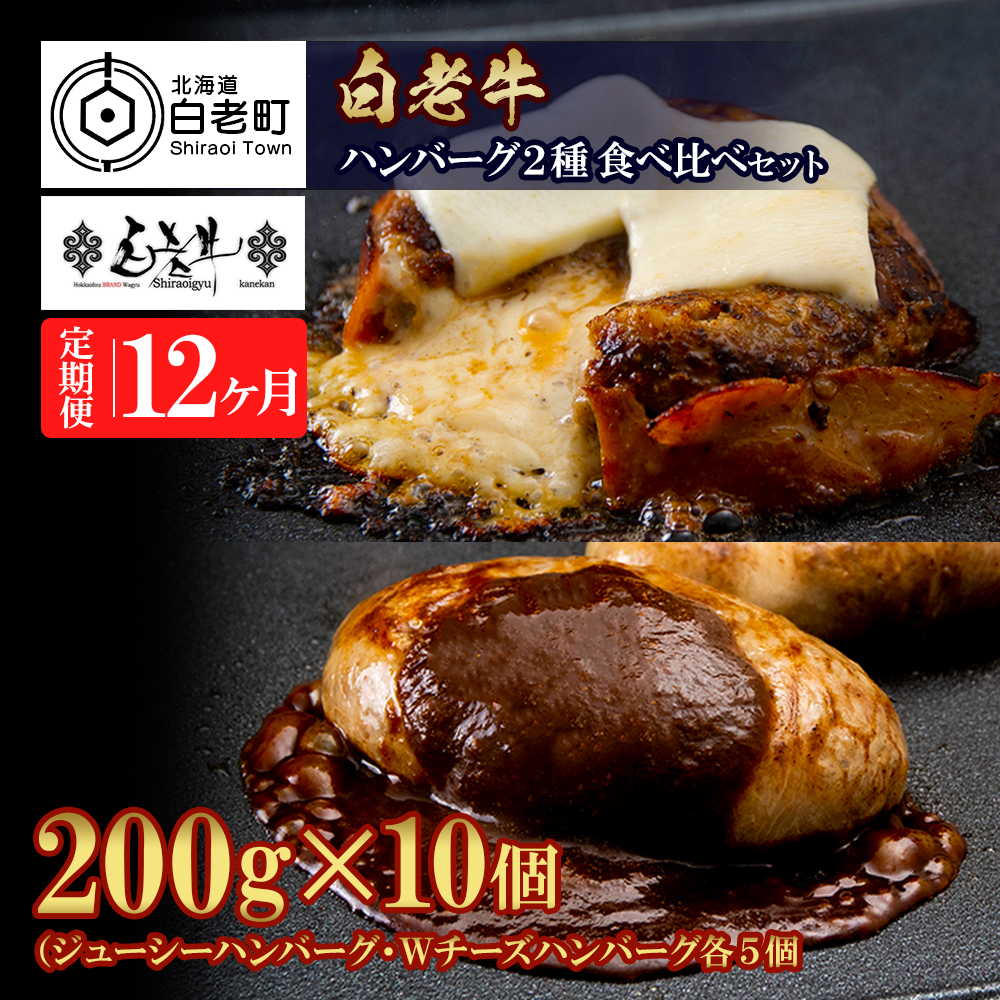 定期便12カ月 お楽しみ 白老牛 2種 食べ比べ ハンバーグ セット 合計10個 モッツァレラ ベーコン 網脂 特製ソース 手造り北海道白老町411500肉牛肉