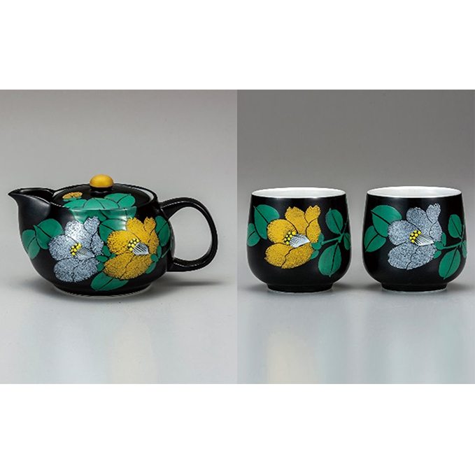 九谷焼 ポット急須・組湯呑 金銀彩椿(網付) a03 インテリア 工芸品 装飾品 石川県能美市77000雑貨・日用品食器・グラス