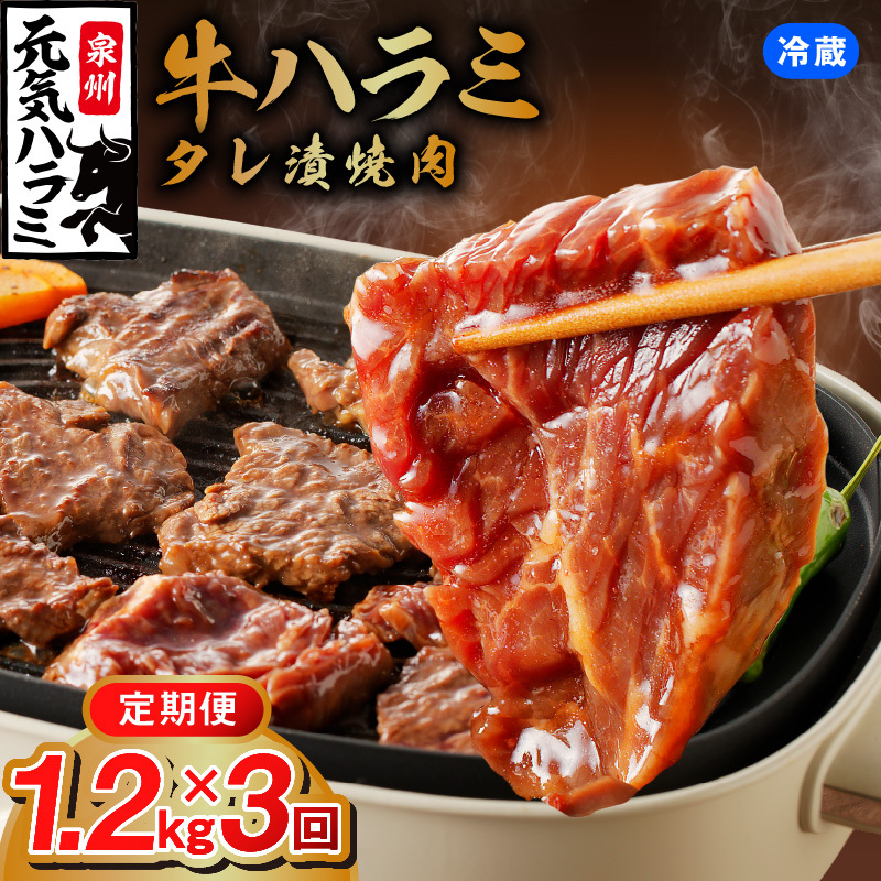 【冷蔵配送】牛ハラミ肉 1.2kg×全3回【毎月配送コース お楽しみ 焼肉 ていきびん 小分け 味付け 焼くだけ 小分け BBQ やきにく 数量限定】 099Z270大阪府泉佐野市39000肉牛肉