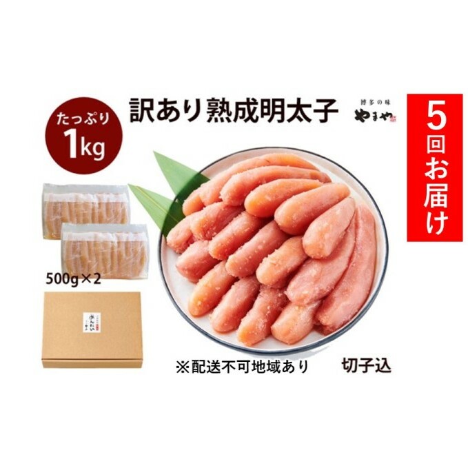 定期便 5回 訳あり 明太子 大容量 やまや切子 冷凍1kg(500g×2)配送不可 離島 魚貝類 福岡県朝倉市70000魚介・海産物明太子・その他魚卵