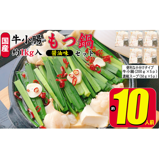 もつ鍋 セット 醤油 約10人前 国産 牛 小腸 1000g(牛小腸 200g×5p)濃縮 スープ 50g×5p モツ鍋 肉 もつ 牛肉 お肉 配送不可 離島 国産モツ 鍋物 鍋料理 冬 夕飯 晩御飯 忘年会 鍋パーティー 福岡県