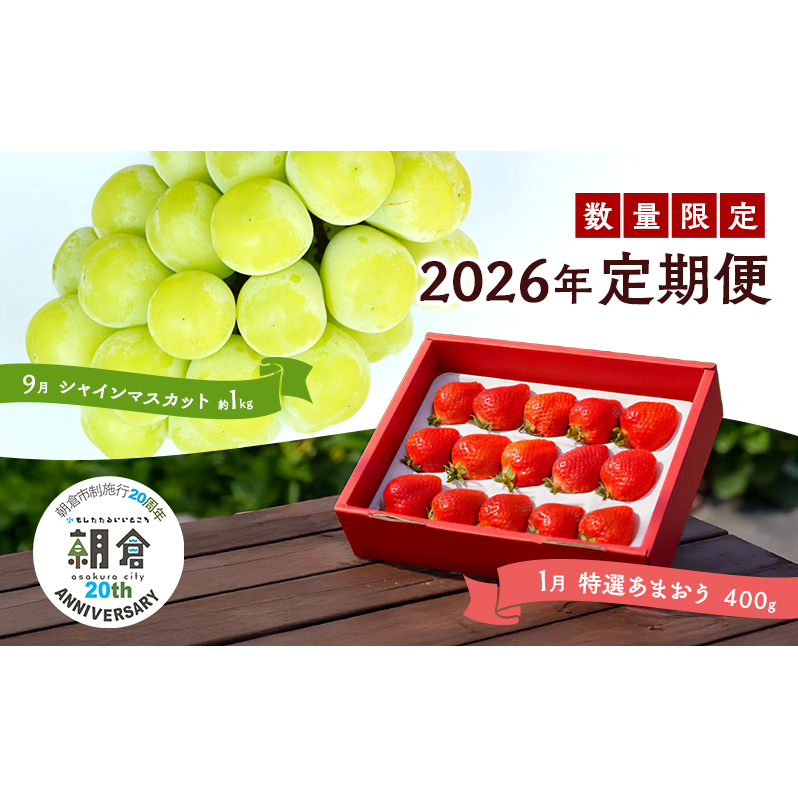【朝倉市制施行20周年記念企画】 定期便 2回 うるう農園 2026年1月発送 特選 あまおう 400g ゆう美果樹園 2026年9月発送 シャインマスカット 1〜3房 約1kg ※配送不可:離島福岡県朝倉市19000果物