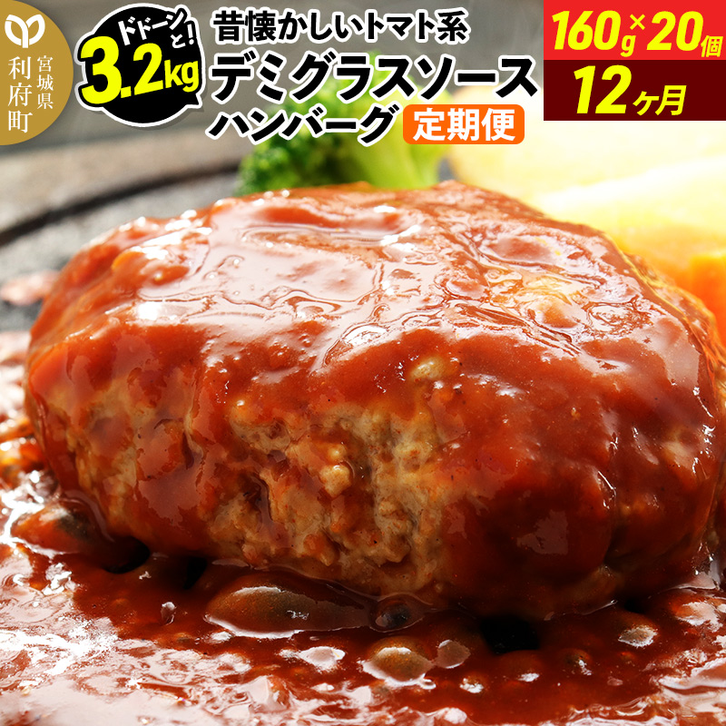 《定期便12ヶ月》ドドンと3.2kg!昔懐かしいトマト系デミグラスソースハンバーグ (160g×20個)×12回 肉 洋食 簡単 大容量 湯煎 湯せん 個包装宮城県利府町144000肉