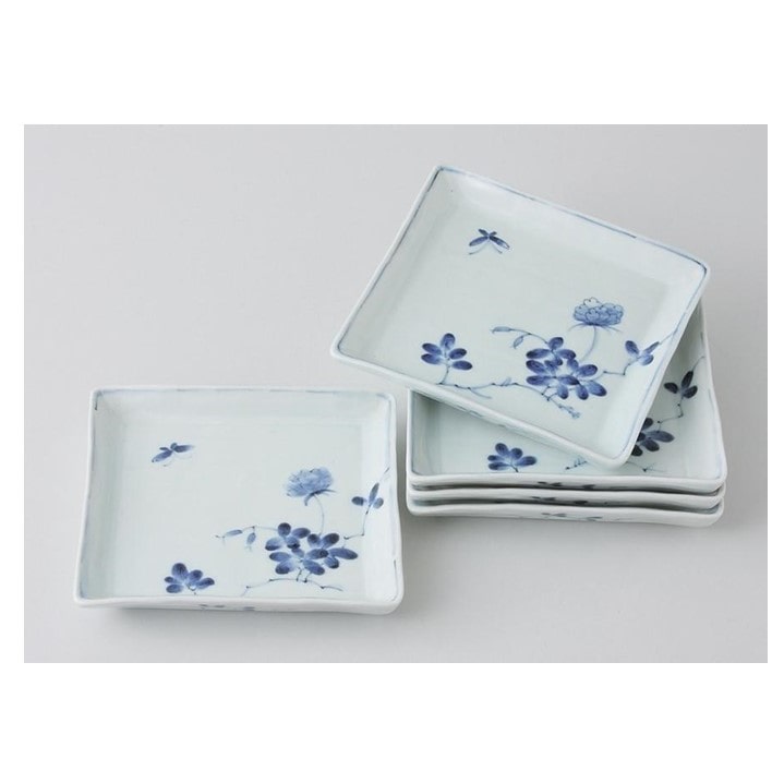 【AB1039】【波佐見焼】14.5×14.5cm手描き角取皿揃 5枚組 野原  【西海陶器】10649長崎県55000雑貨・日用品食器・グラス