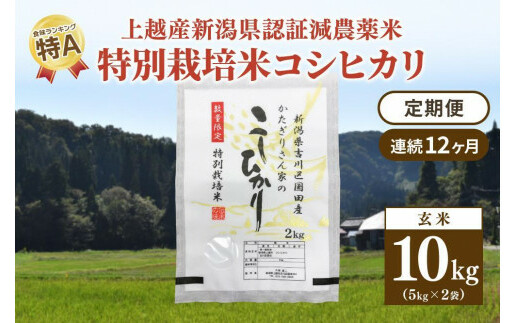 定期便 12ヶ月 新潟県認証減農薬米 特別栽培米 コシヒカリ 玄米 10kg (5kg×2袋) 米 お米 こめ こしひかり新潟県上越市333000米・パン玄米・雑穀米・もち米・餅