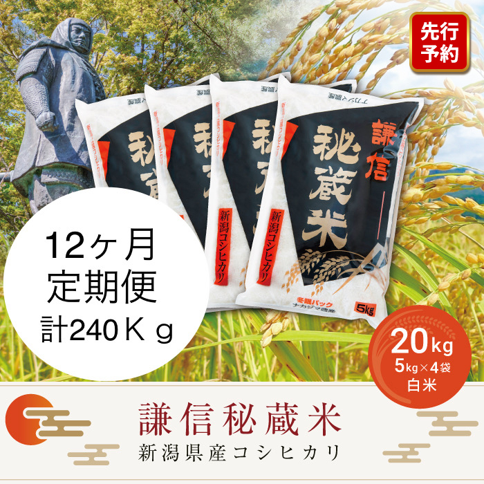 【先行予約|10月上旬より順次出荷】定期便12ヶ月連続発送(20kg×12回分)20kg 米 新潟県産 コシヒカリ  精白米 謙信秘蔵米  お米  こめ コメ おこめ おすすめ こしひかり 新潟 にいがた 新潟米