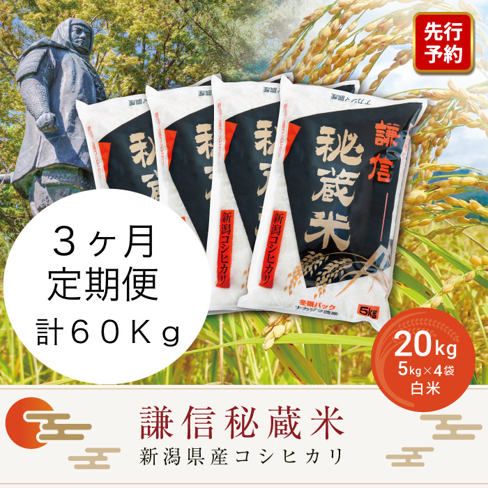 【先行予約|10月上旬より順次出荷】定期便3ヶ月連続発送(20kg×3回分)20kg 米 新潟県産 コシヒカリ  精白米 謙信秘蔵米  お米  こめ コメ おこめ おすすめ こしひかり 新潟 にいがた 新潟米