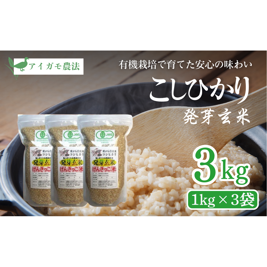 新米予約 令和7年 新潟県産 JAS有機発芽玄米 3kg ( 1kg×3袋 )アイガモ農法 こしひかり発芽玄米 上越市 三和区神田 富永農産  安全・安心 玄米を上回る栄養、普通の炊飯器で炊けます新潟県上
