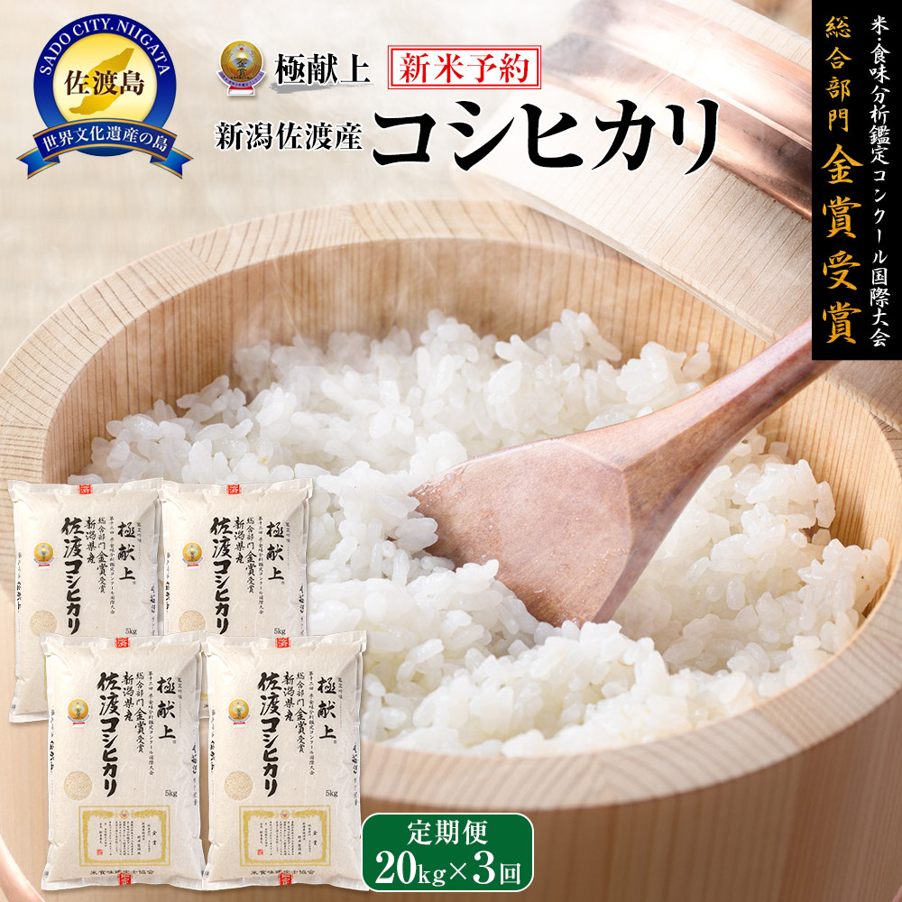 【令和7年産】20kg 新潟県佐渡産コシヒカリ20kg(5kg×4)×3回「3カ月定期便」新潟県佐渡市228000米・パン白米