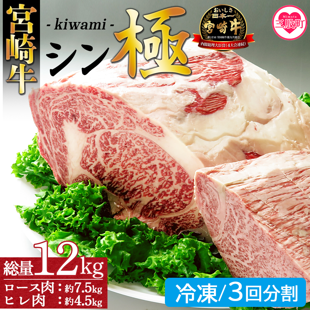 <宮崎牛『シン極(きわみ)』ロース肉約7.5kg、ヒレ肉約4.5kg (冷凍・3回分割)> 国産ブランド牛 黒毛和牛【MI019-nk-i-03】【中村食肉】宮崎県三股町900000肉